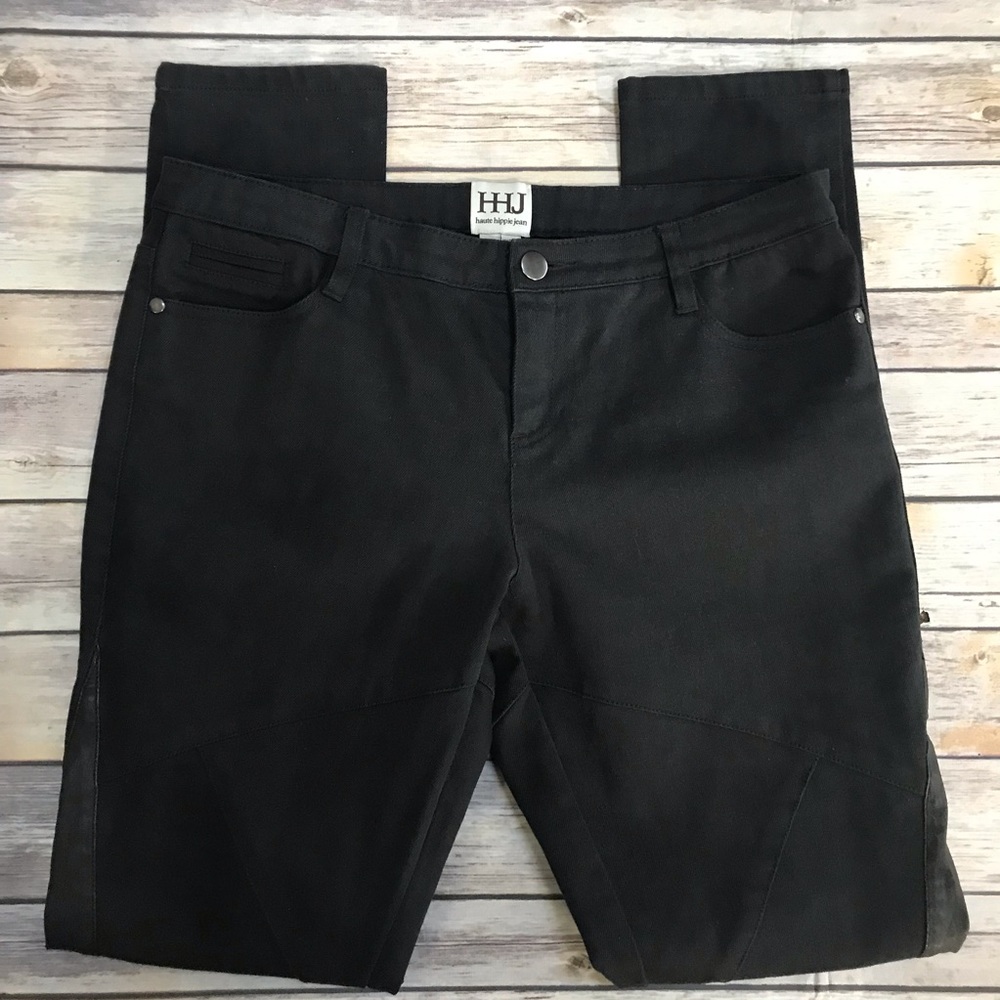 HAUTE HIPPIE BLACK SKINNY JEANS W/ LEATHER PANEL